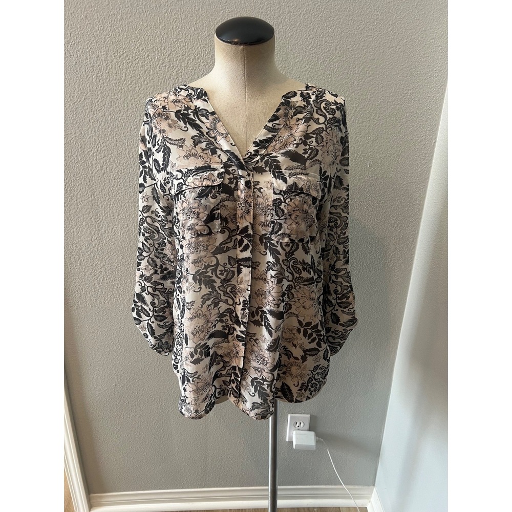 LOFT Outlet Womens Small Floral Blouse Black Beige V Neck 3/4 Sleeve Boho Top